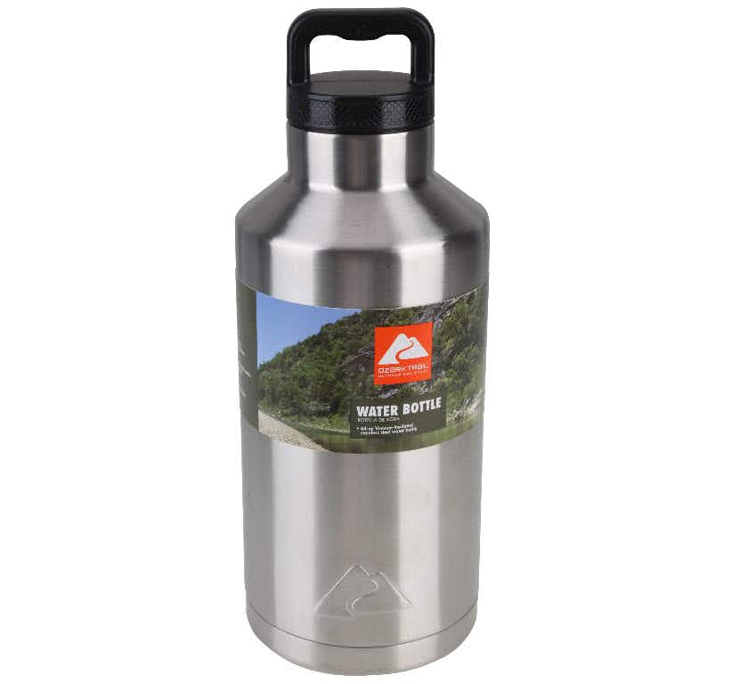 An Ozark Trails stainless steel water bottle.