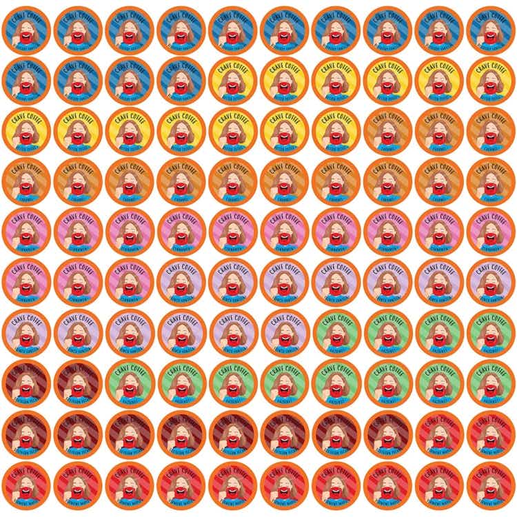 A 100 pack of Crave Coffee K-cups in assorted flavors