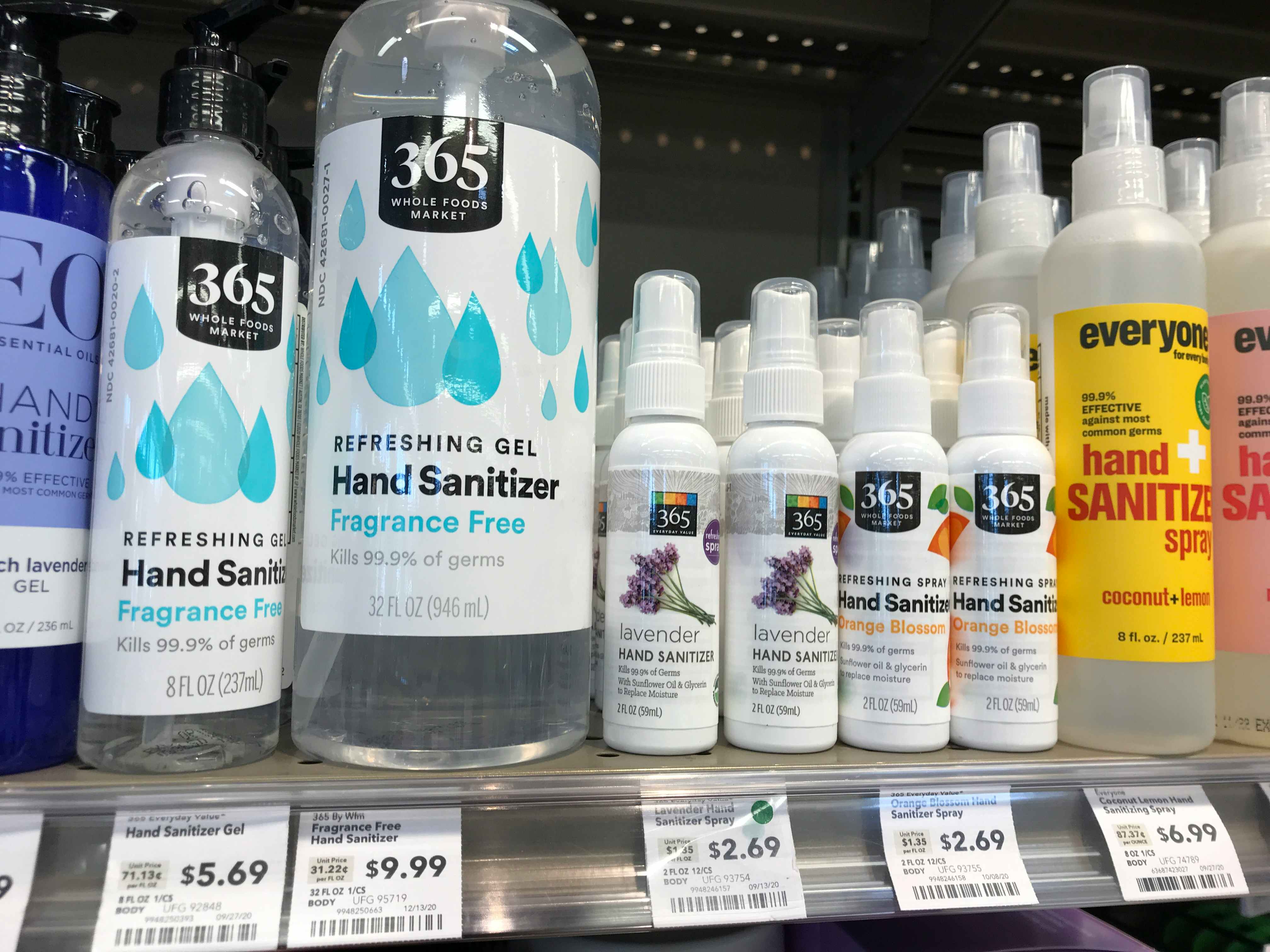 Whole Foods 365 brand hand sanitizer on the shelf.