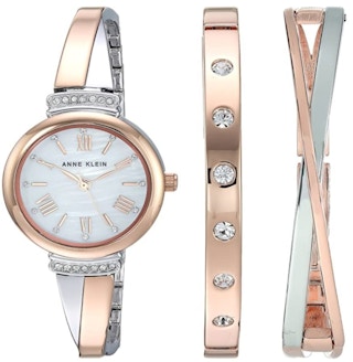 A rose gold Anne Klein women's bracelet and watch set