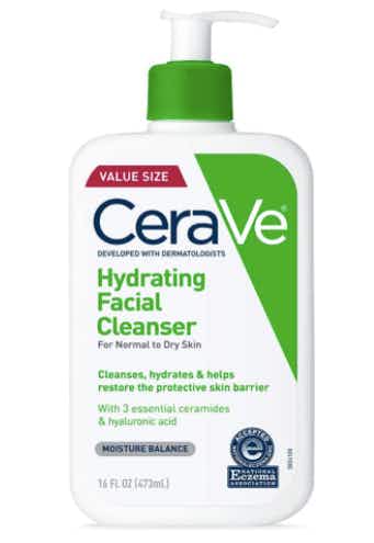 A bottle of CeraVe hydrating face wash.
