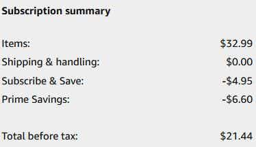 An Amazon subscription summary ending in $21.44