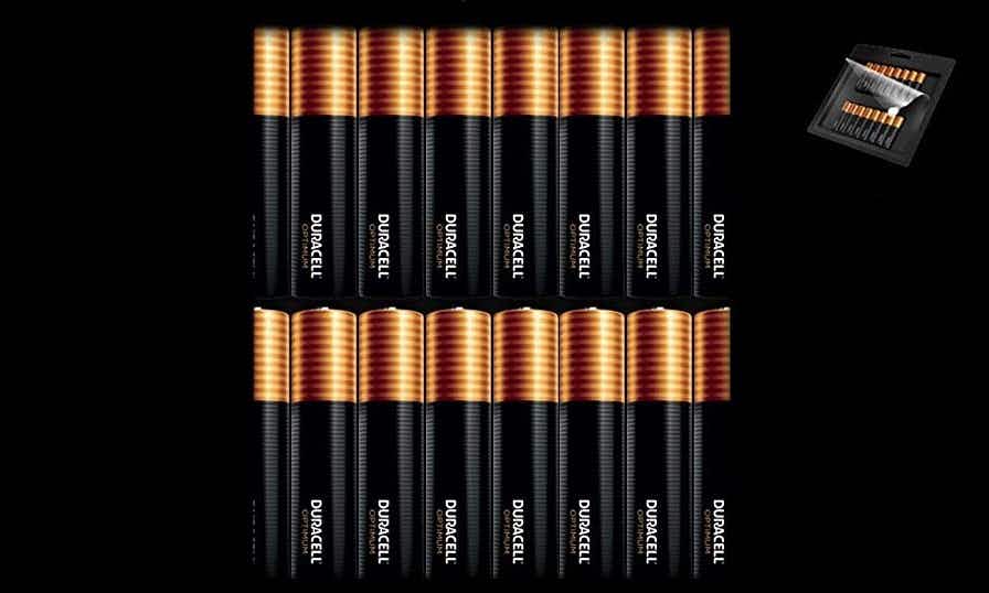 Two rows of Duracell batteries next to a resealable package of batteries