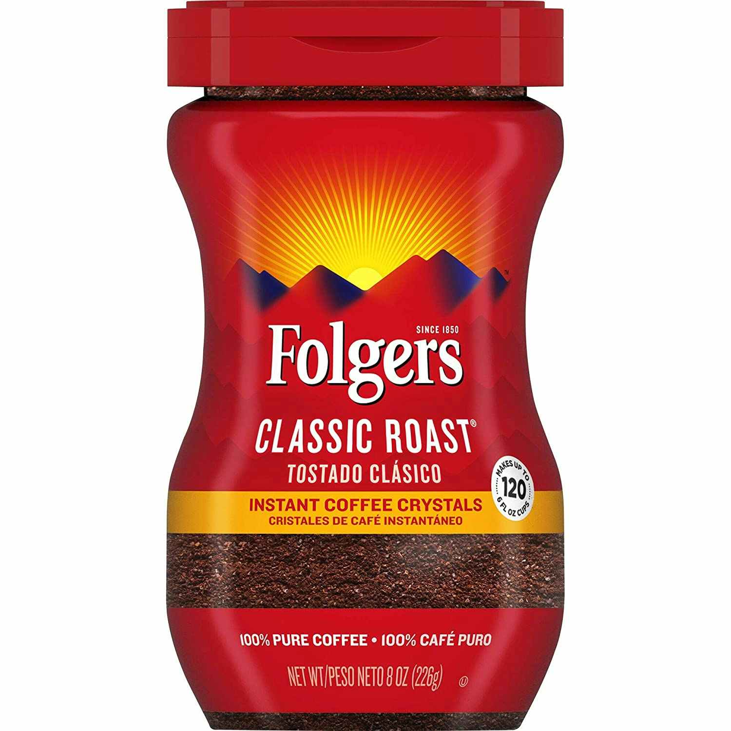 An 8 ounce container of Folgers instant coffee