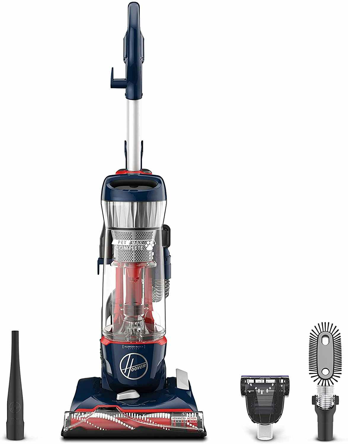 A blue Hoover vacuum with accessories placed to the side