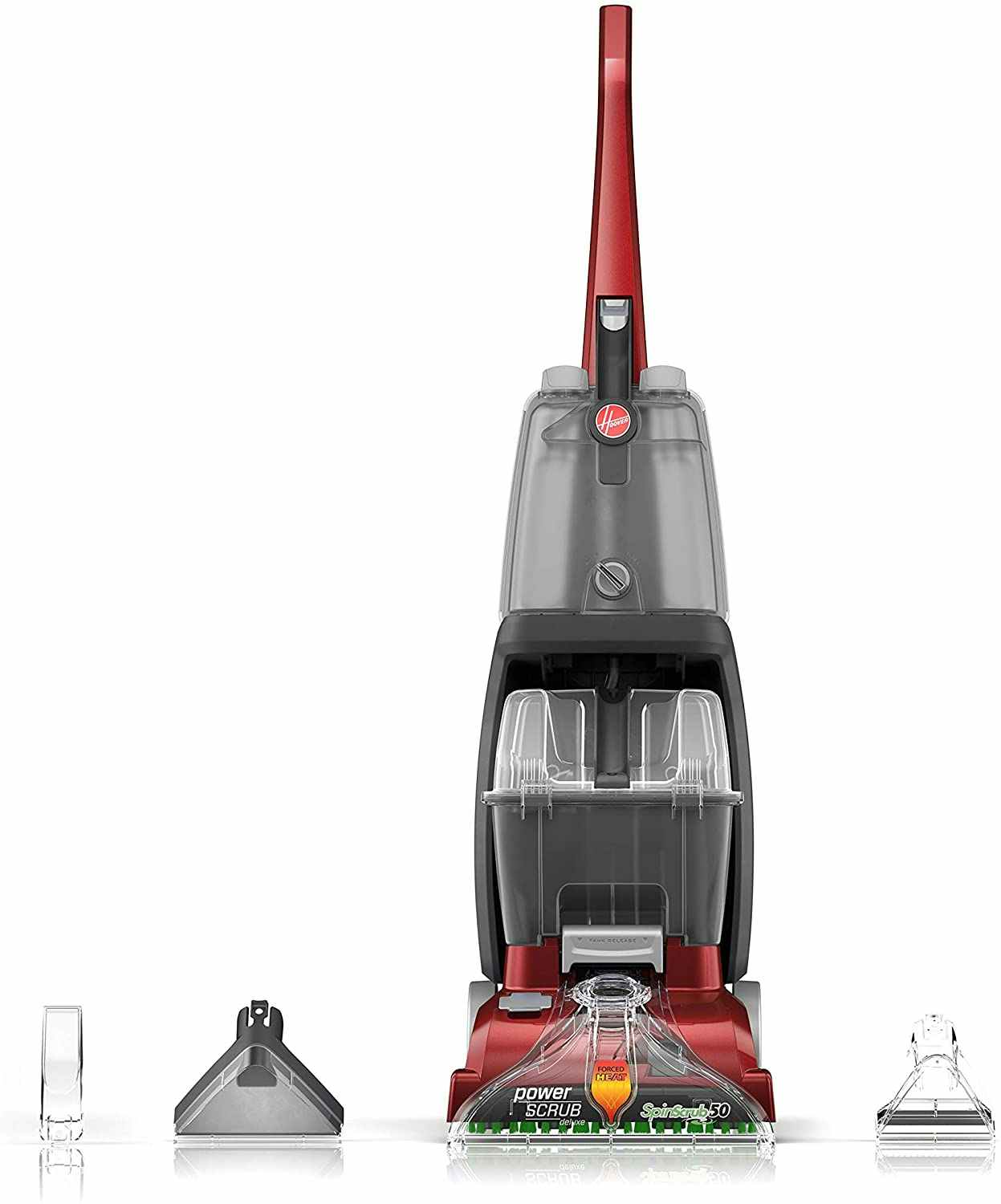 A red Hoover carpet cleaner with accessories placed to the side