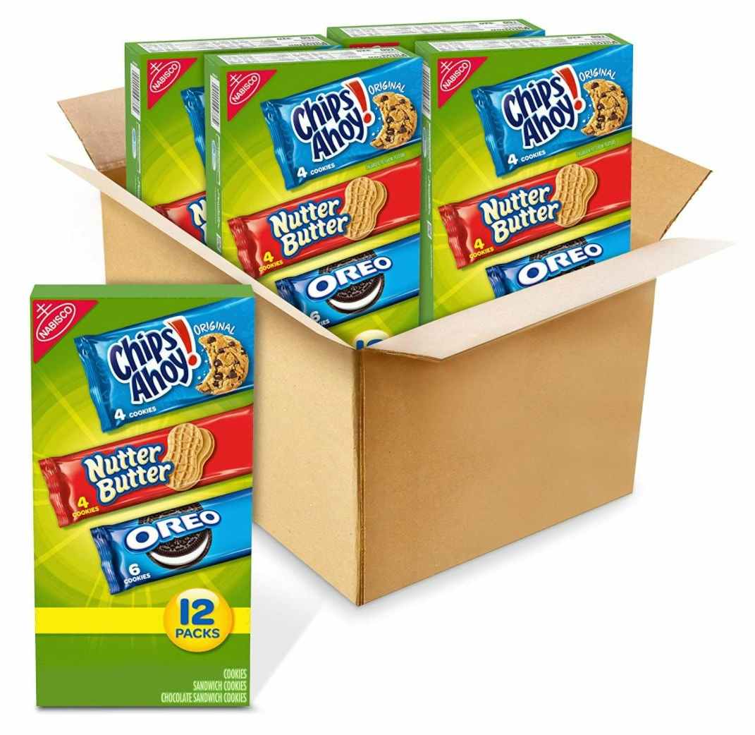 A box holding a variety back of Nabisco snack boxes