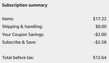 An Amazon subscription summary ending in a final price of $12.64