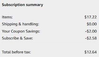 An Amazon subscription summary ending in a final price of $12.64