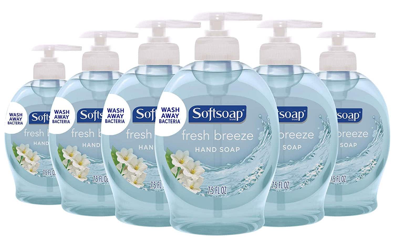 Six Softsoap Fresh Breeze soap bottles lined up horizontally