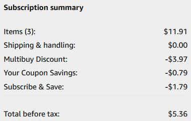 An Amazon subscription summary ending in $5.36