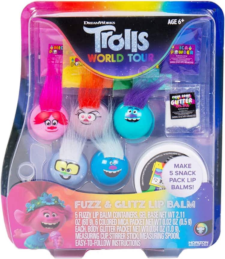A package of Trolls World Tour DIY lip balm supplies