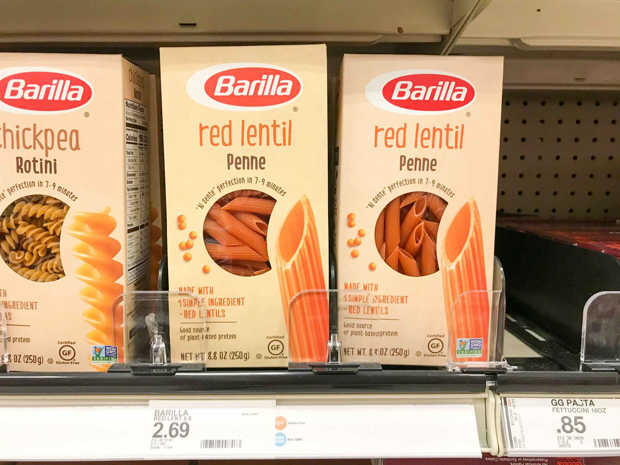 barilla red lentil pasta on a target shelf
