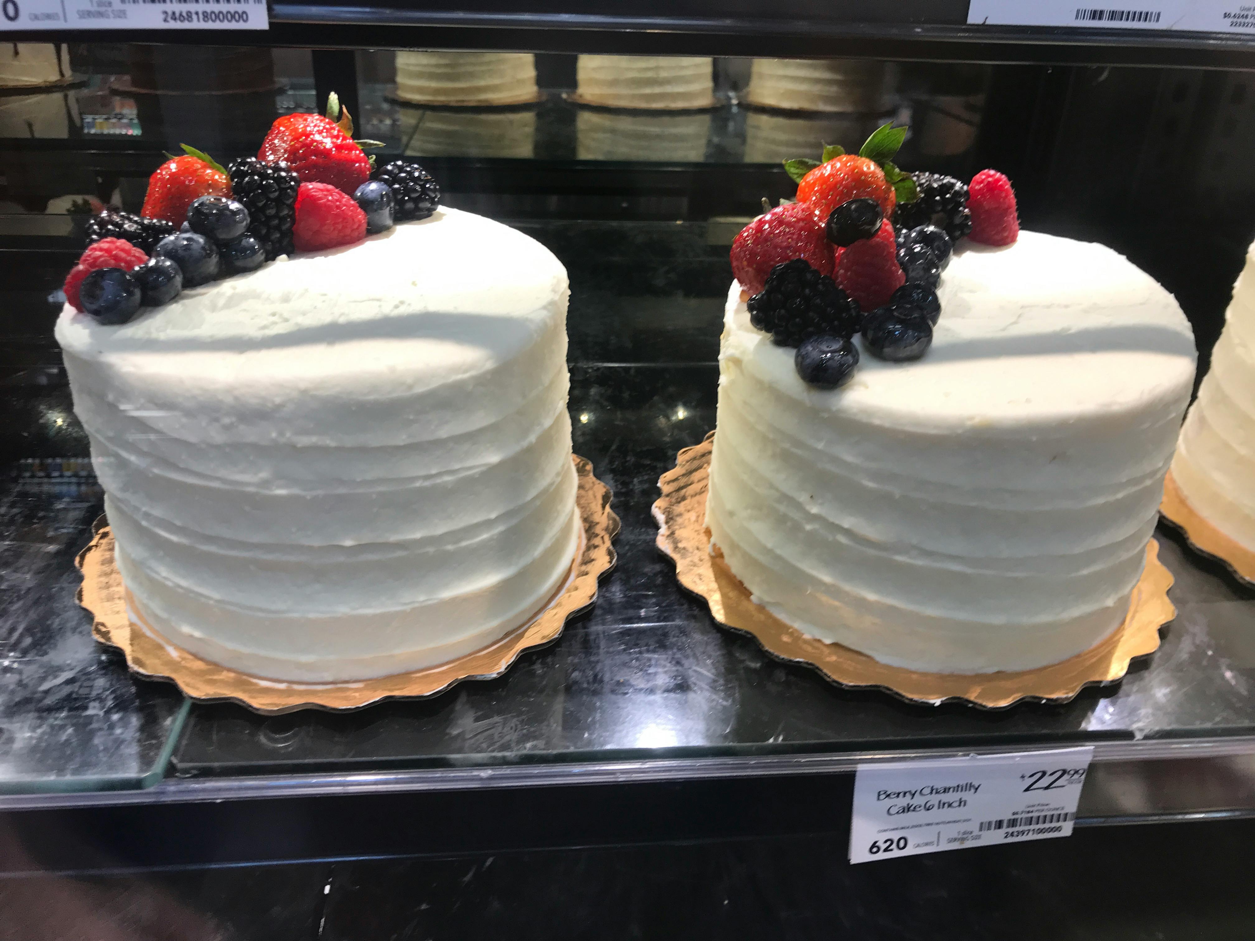Whole Foods berry chantilly cake in the case.
