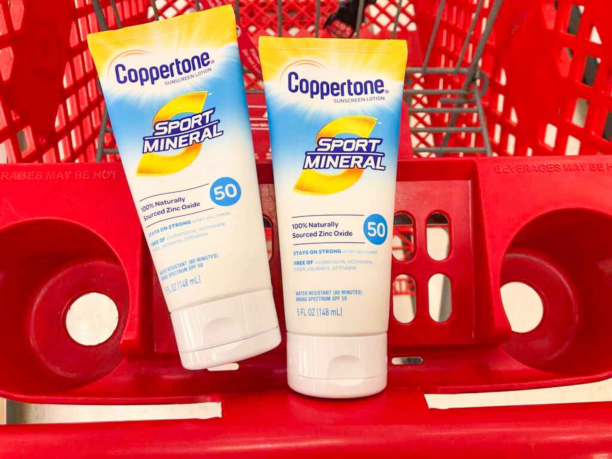 coppertone mineral sunscreen on a target cart