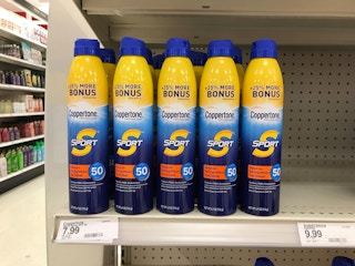 coppertone sunscreen spray on a target shelf