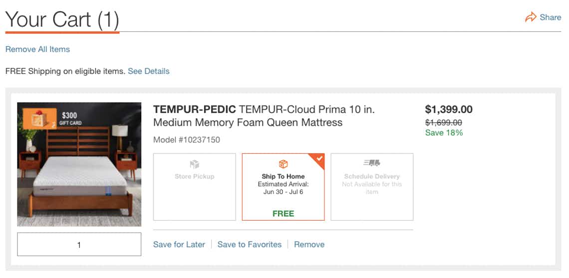 screen shot of homedepot.com cart with tempur-pedic mattress pricing and shipping information