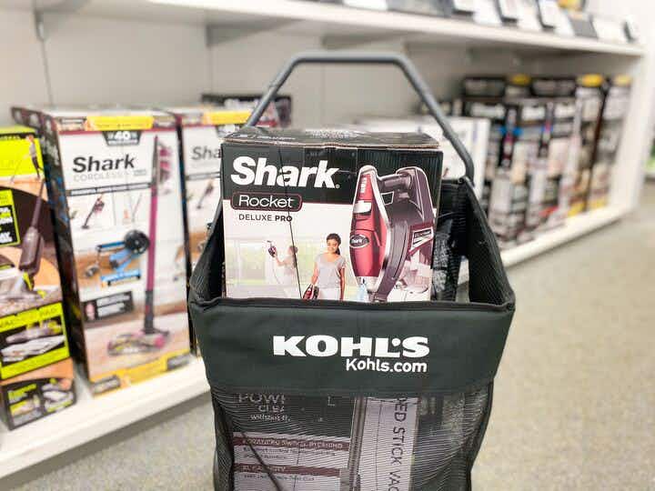 A Shark vacuum in a Kohl's shopping basket
