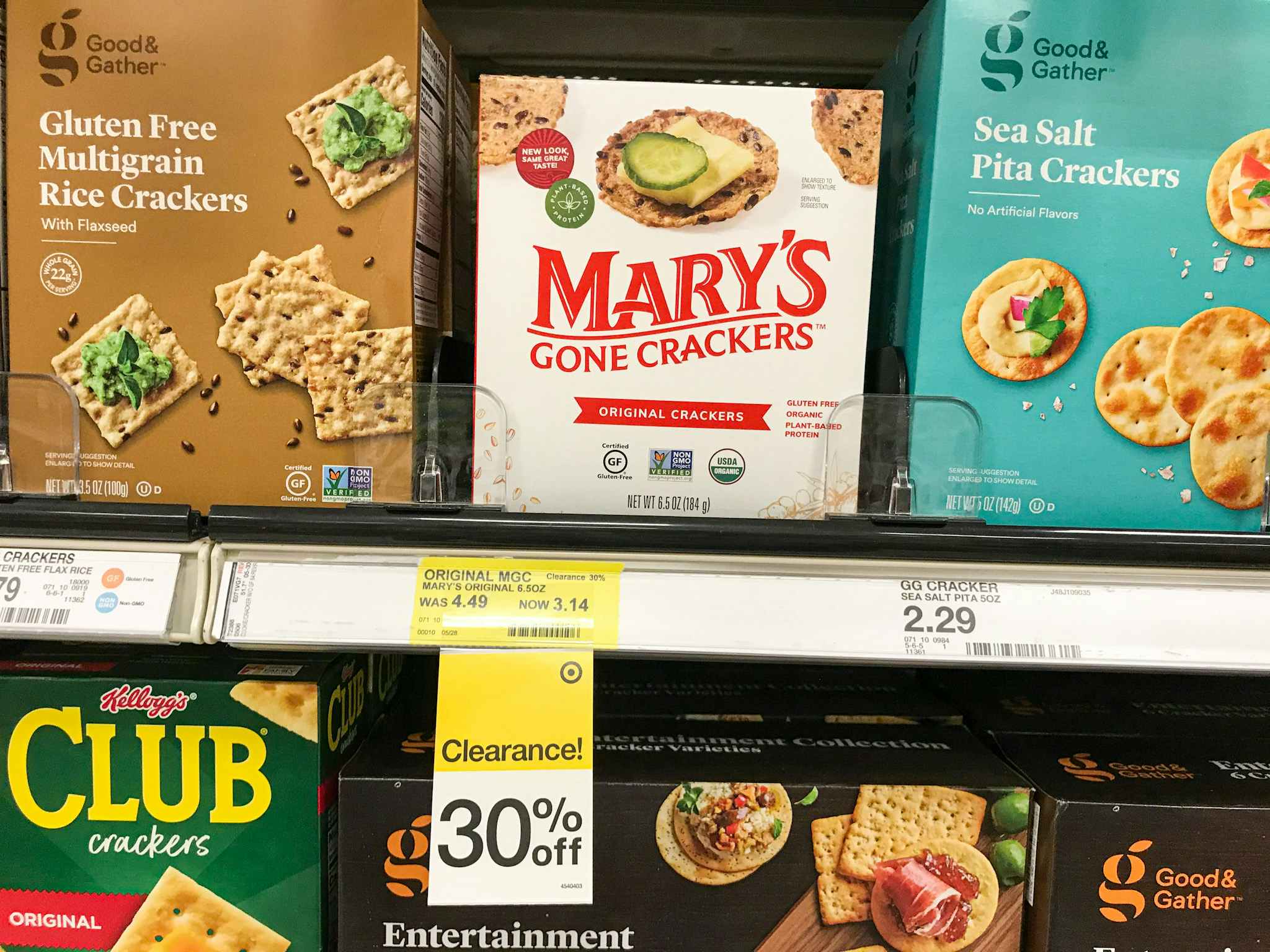 mary's gone crackers on a target shelf