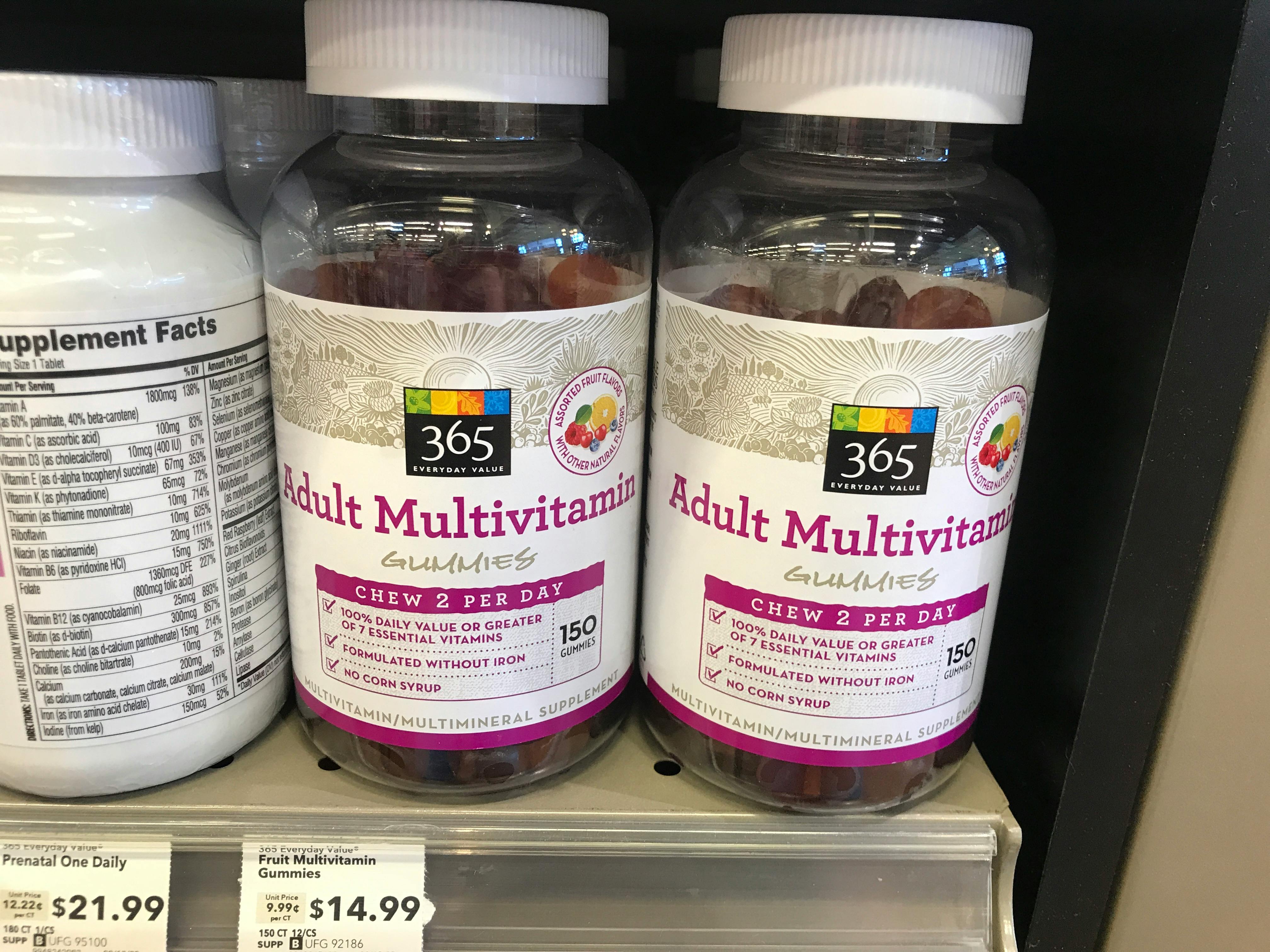 Whole Foods 365 gummy multivitamins on a shelf.