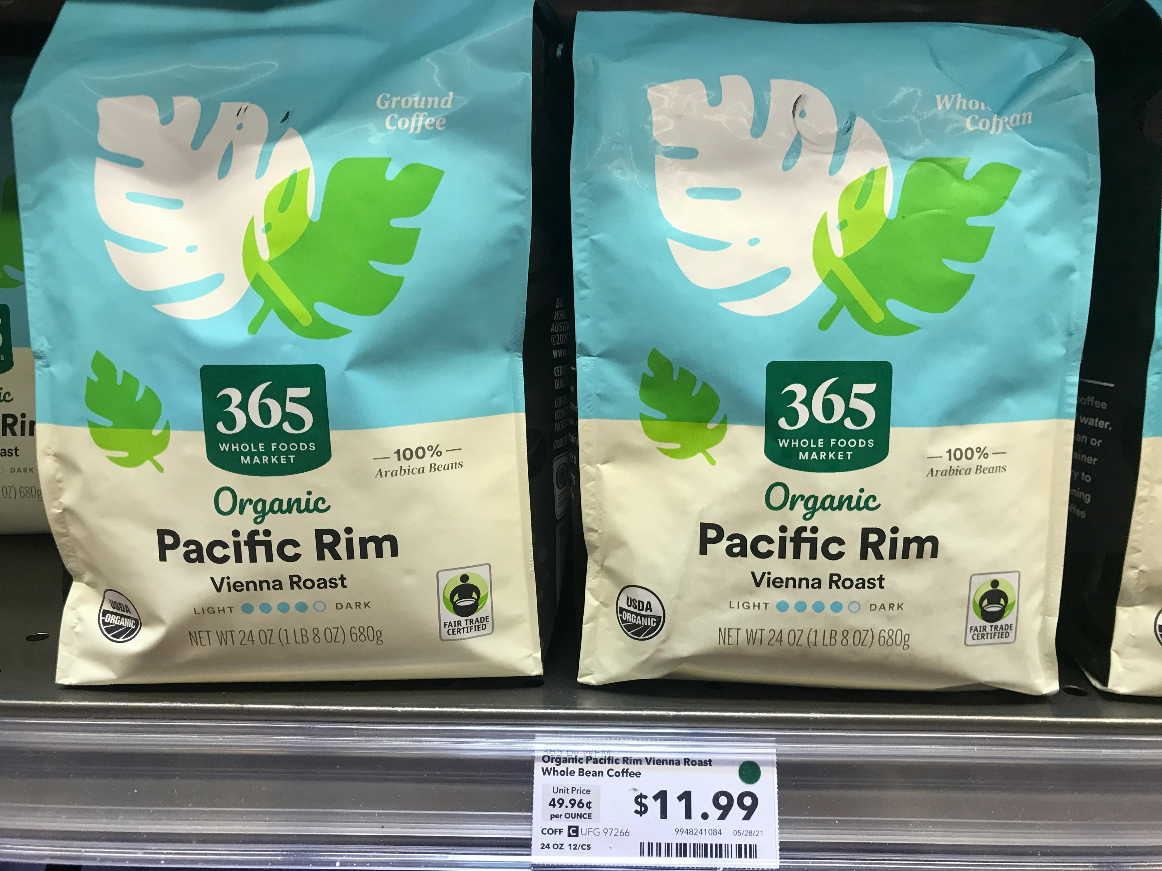 Whole Foods 365 organic coffee on a shelf.