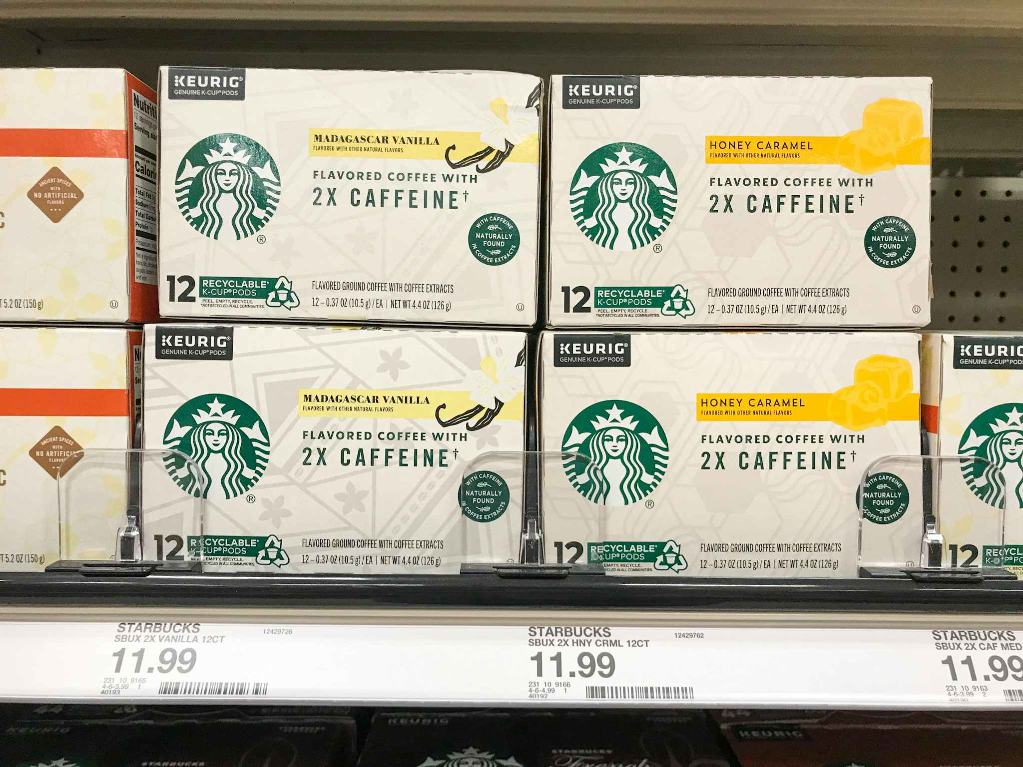 startbucks k-cup pods with 2x caffeine on a target shelf