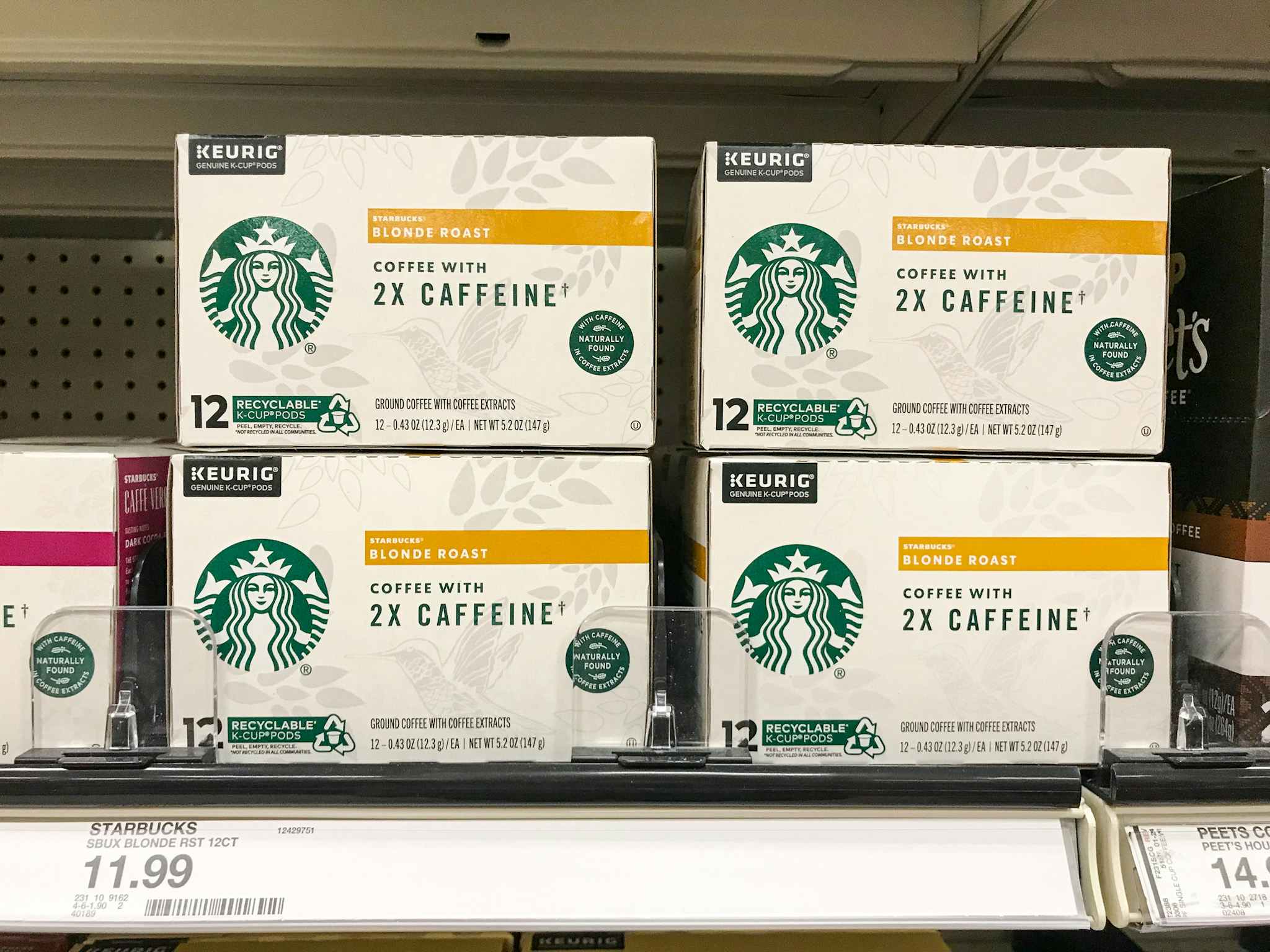 startbucks k-cup pods with 2x caffeine on a target shelf