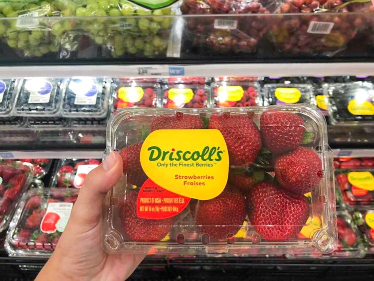 hand holding a package of driscoll's strawberries