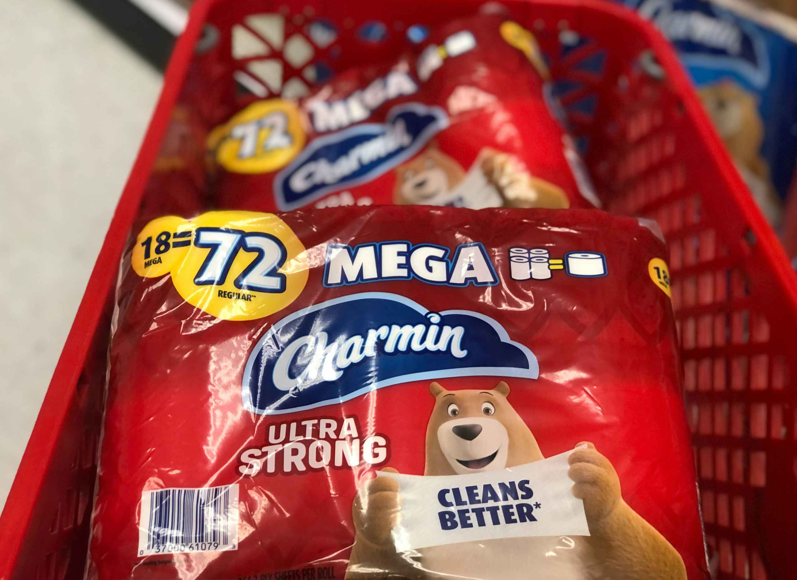 Charmin toilet paper packages in shopping cart
