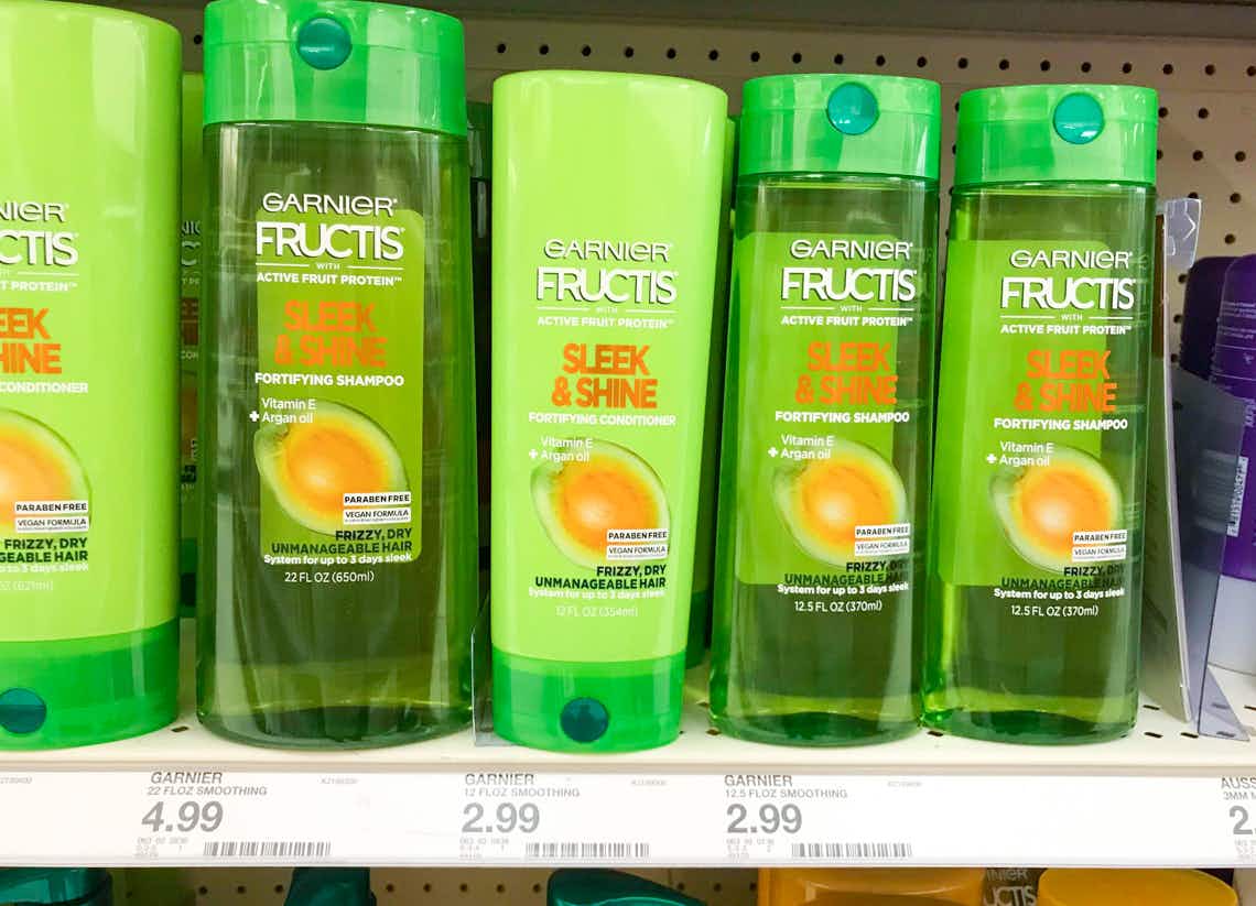 garnier fructis sleek and smooth shampoo and conditioner on a target shelf