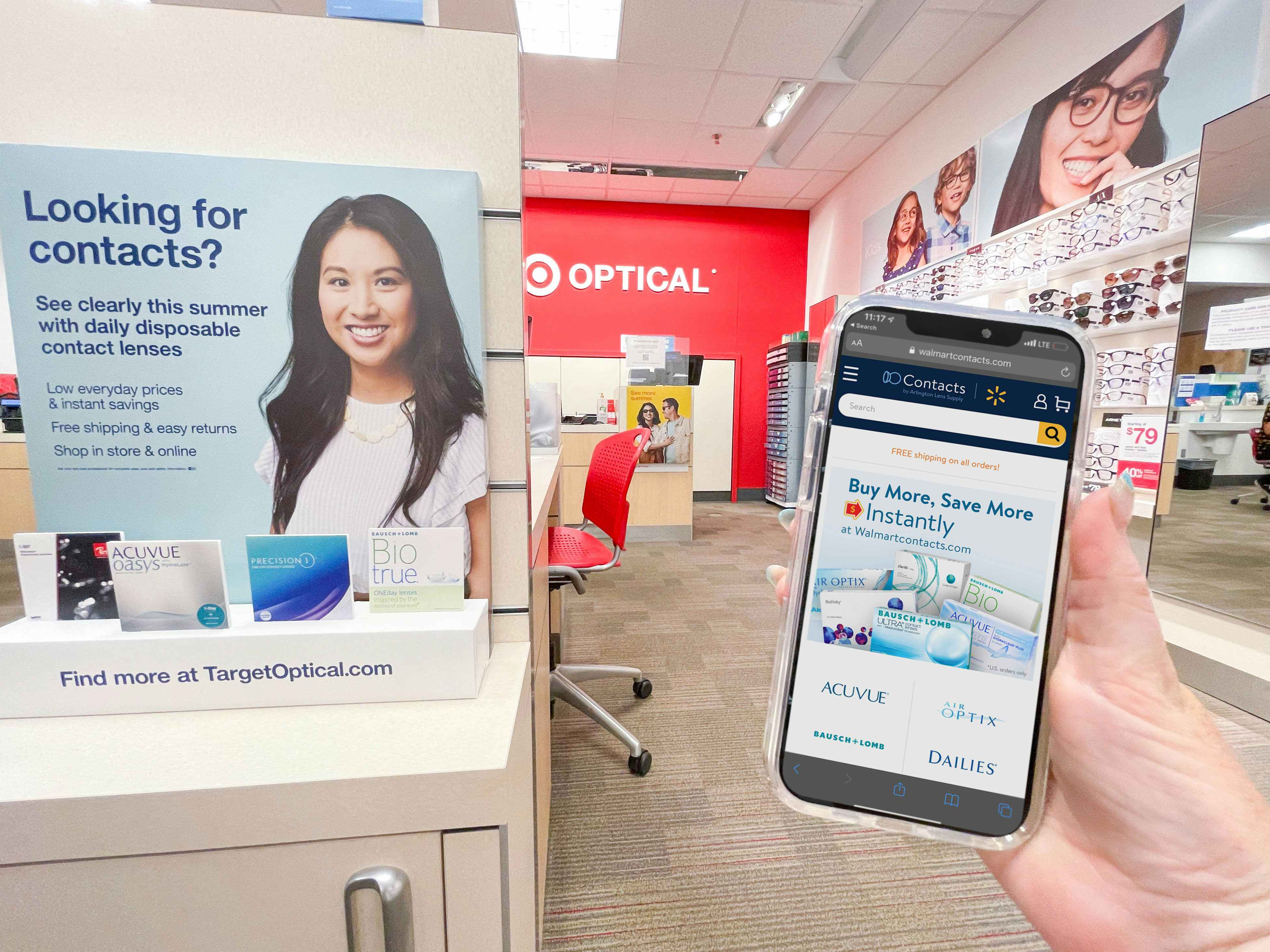 hand holding cellphone with walmart app comparing target contact lenses