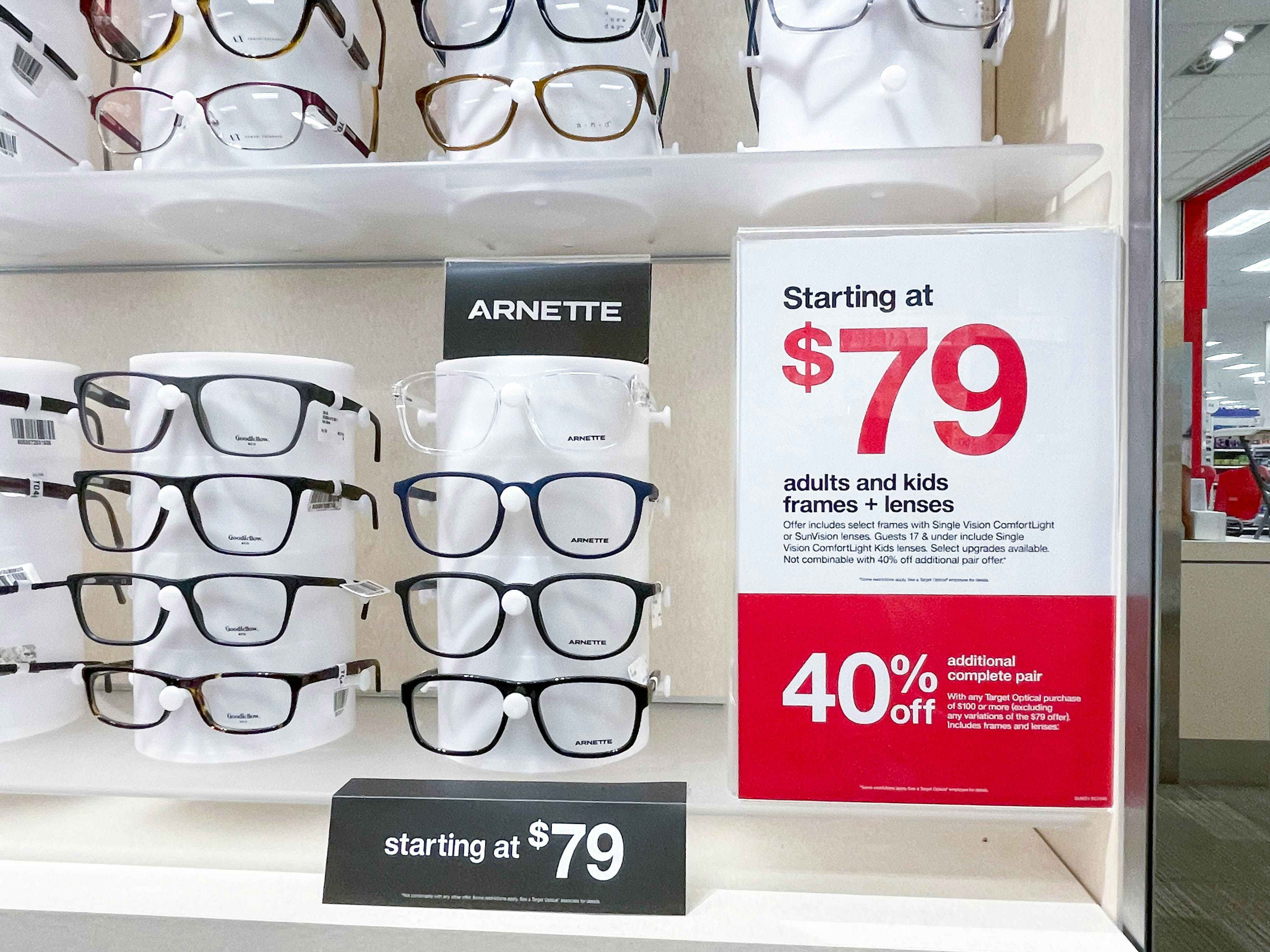eye glasses frames on display in target optical with signs