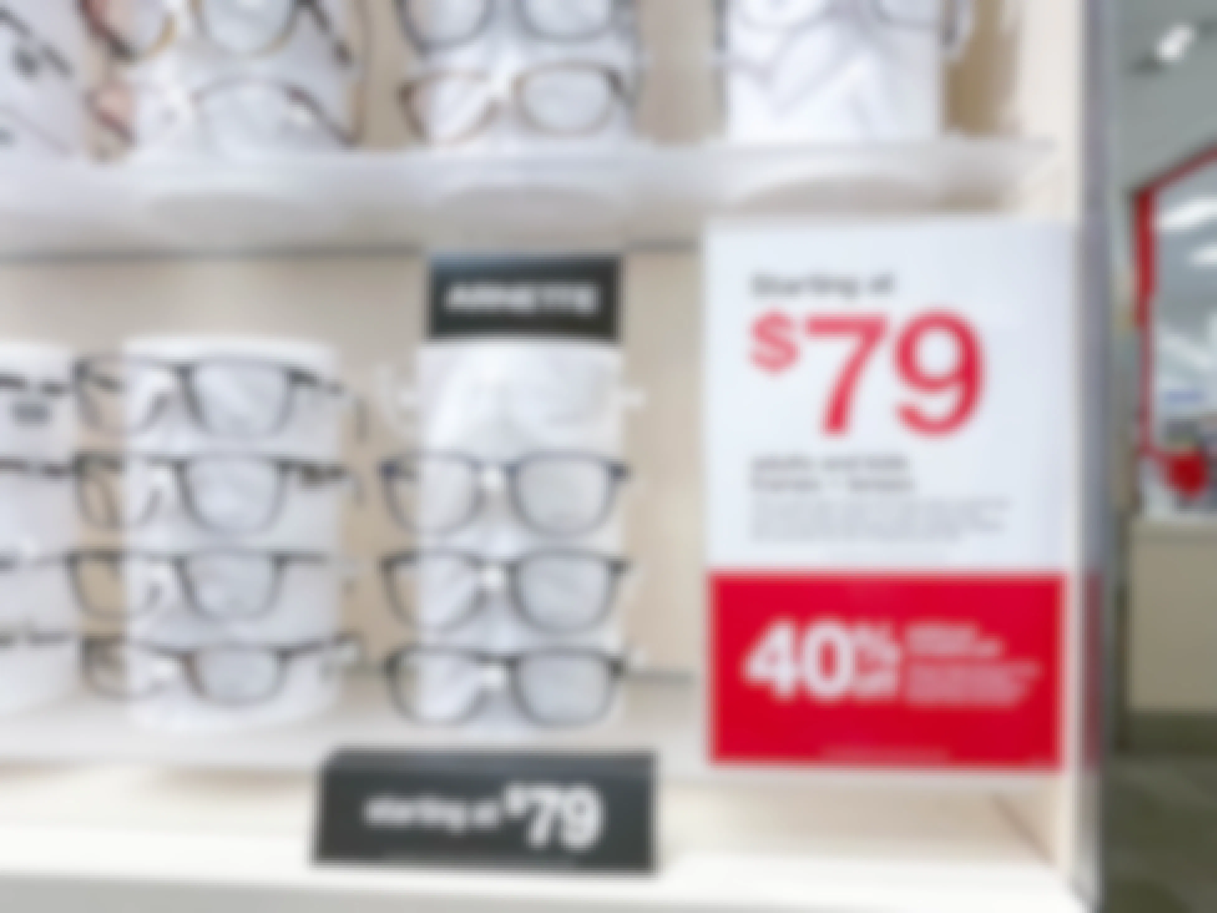 eye glasses frames on display in target optical with signs