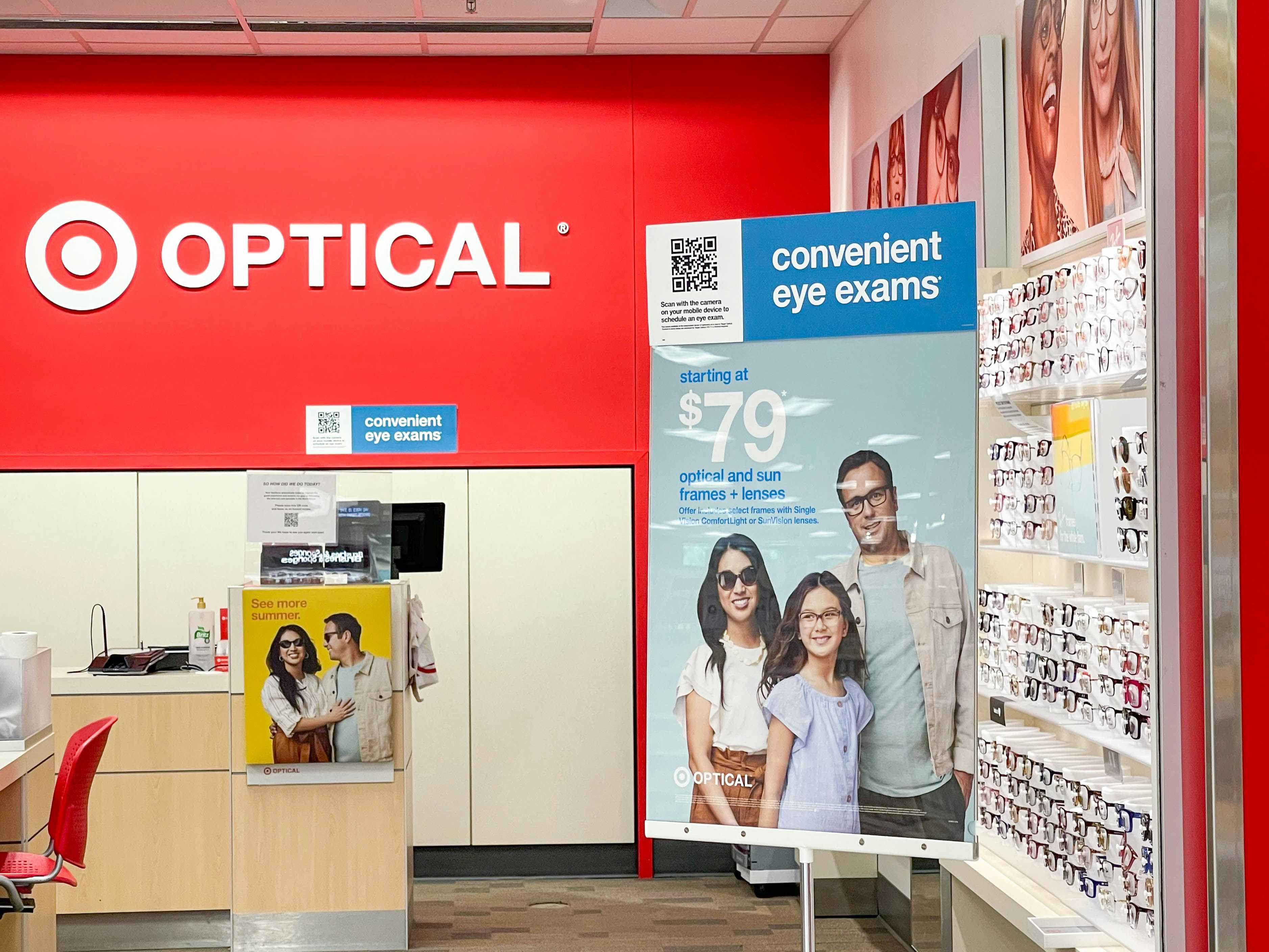 The Target optical section in-store with a sign advertising for convenient eye exams.