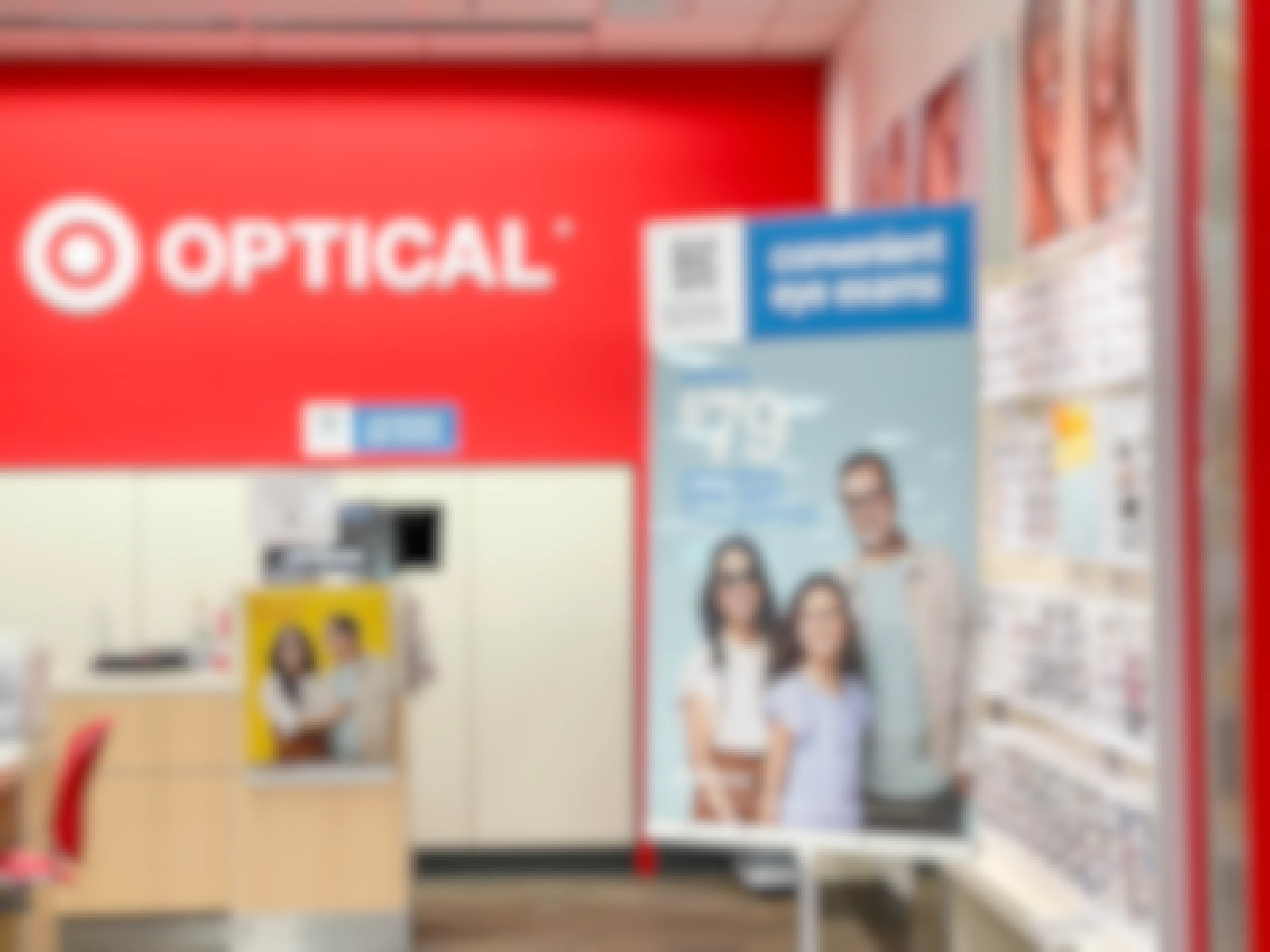 The Target optical section in-store with a sign advertising for convenient eye exams.