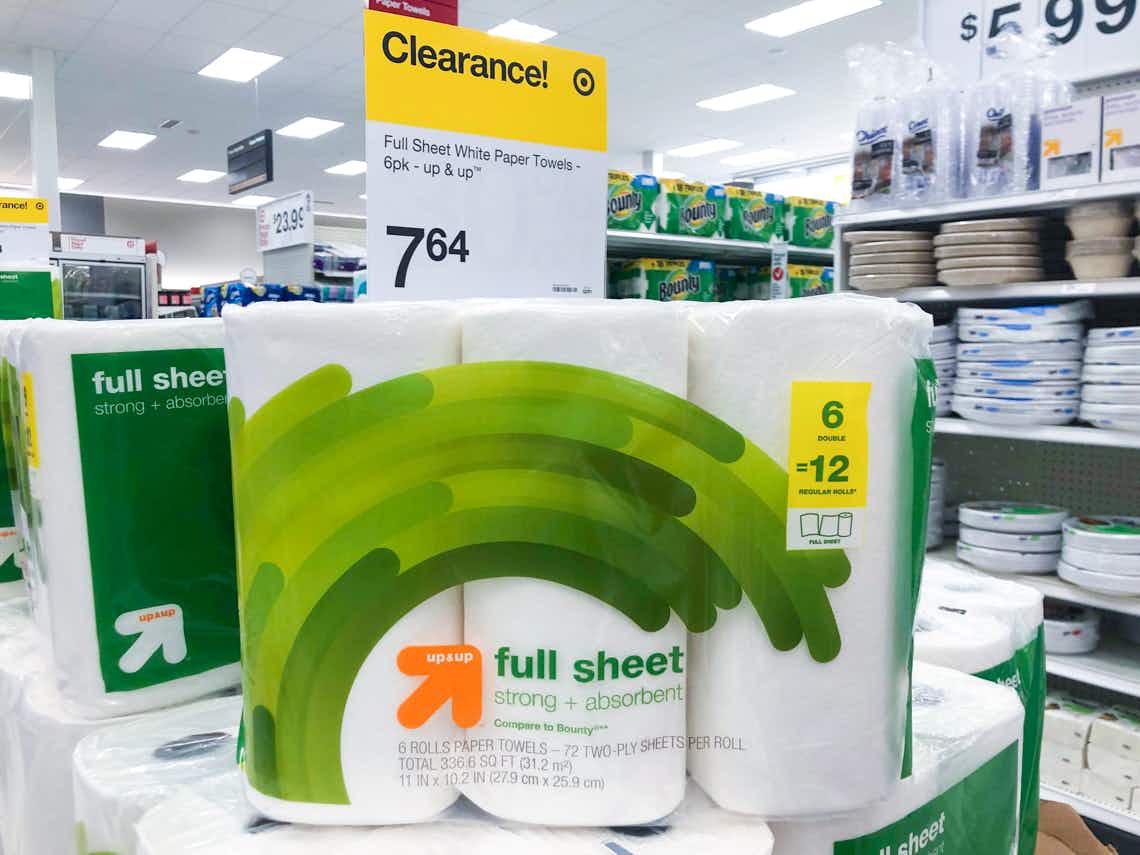 up & up paper towels in center of target aisle with clearance sign indicating price