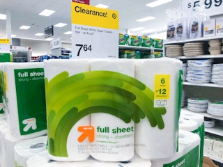 up & up paper towels in center of target aisle with clearance sign indicating price