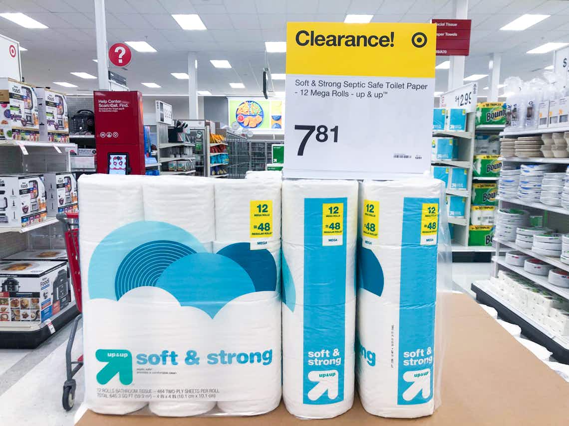 up & up toilet paper in center of target aisle with clearance sign indicating price