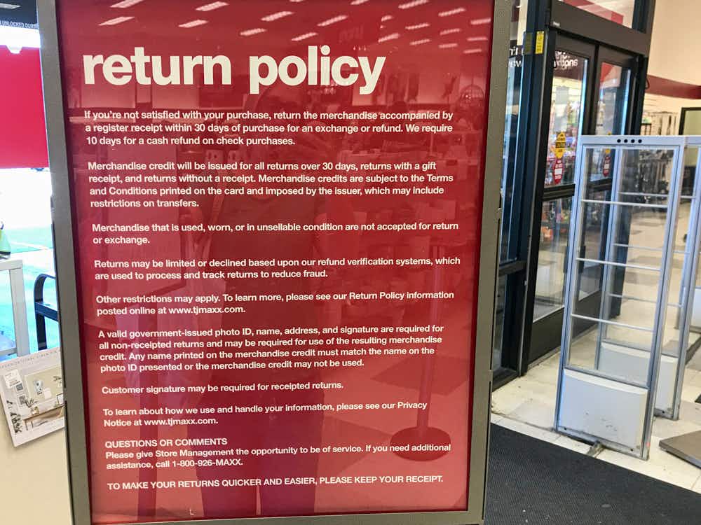 TJ Maxx return policy sign