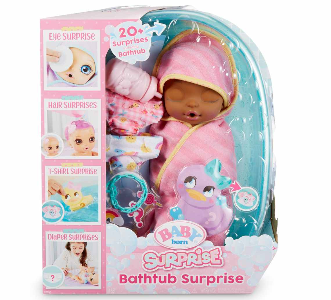 stock photo of baby born bathtub surprise doll in packaging on white background