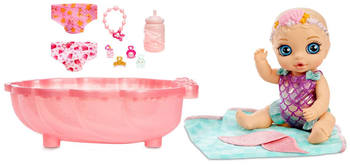 stock photo of baby born mermaid surprise toy set on white background