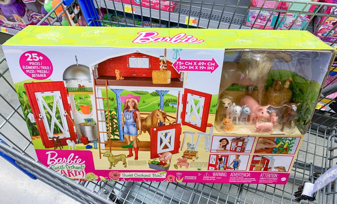 barbie sweet orchard farm barn playset in a box in walmart cart