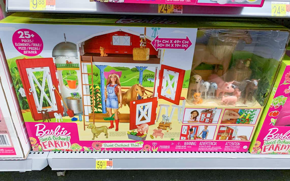 barbie sweet orchard farm barn playset in a box on walmart shelf