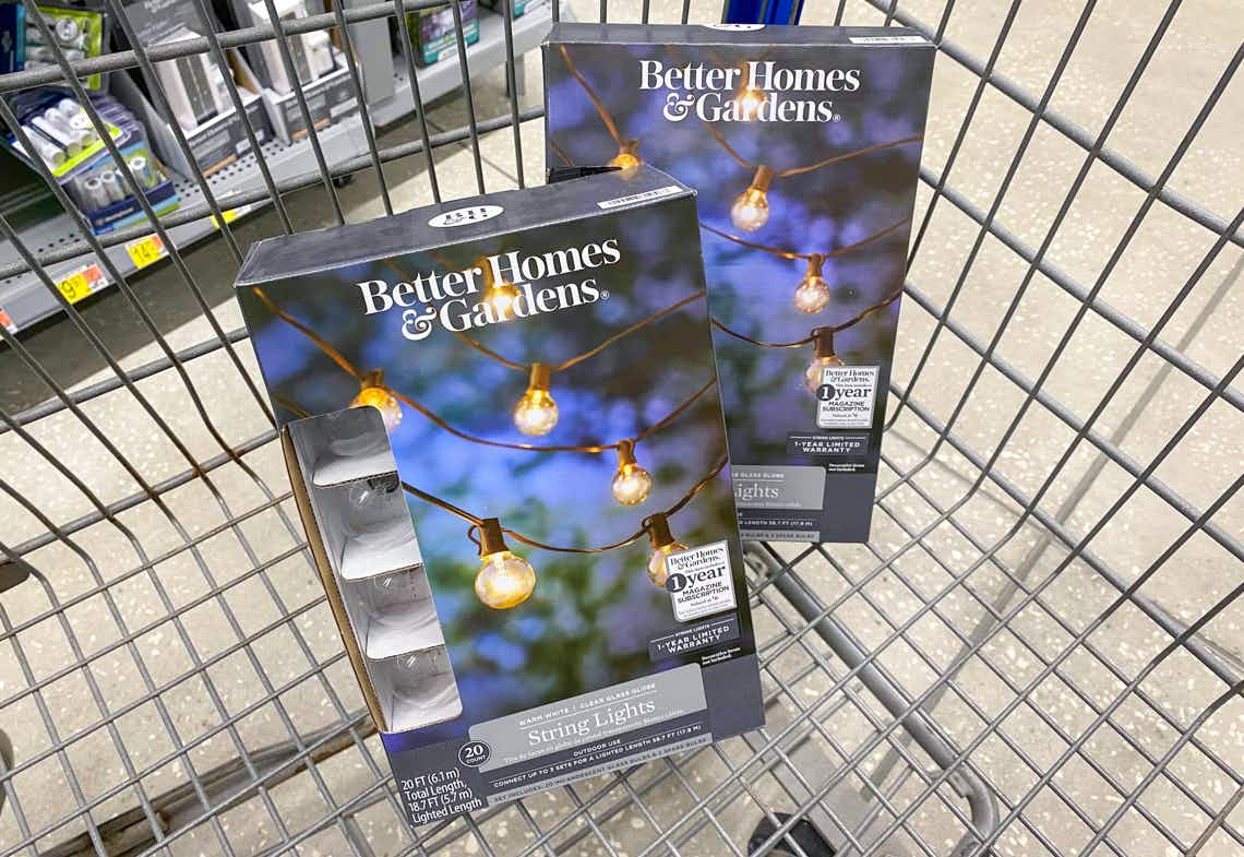 htwo boxes of better homes and gardens string lights in walmart cart