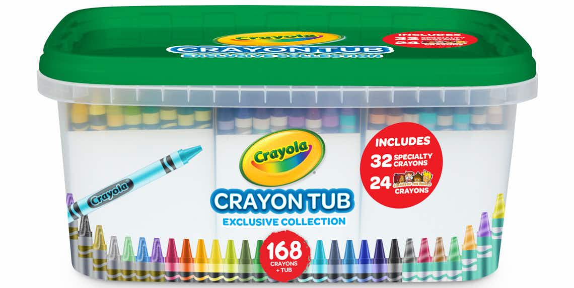 stock poto of crayola crayon tub on white background
