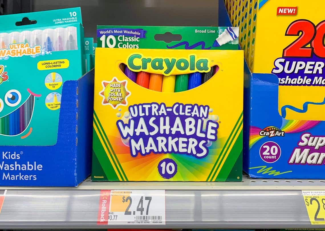 crayola ultra washable markers on walmart shelf with rollback tag