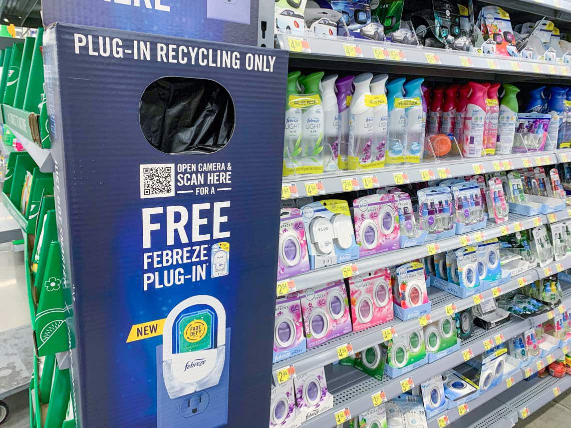 febreze scented oil plug in recycle bin on end of air freshener aisle of walmart