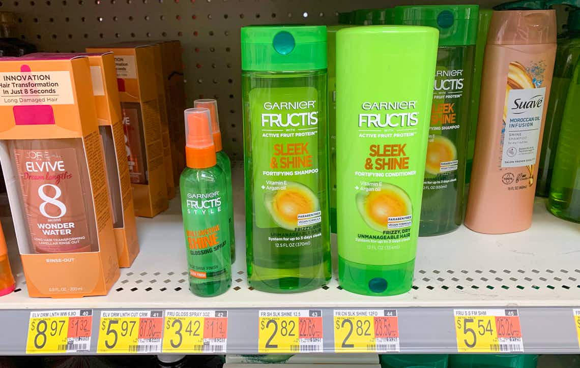 garnier fructis sleek and smooth shampoo and conditioner on a walmart shelf