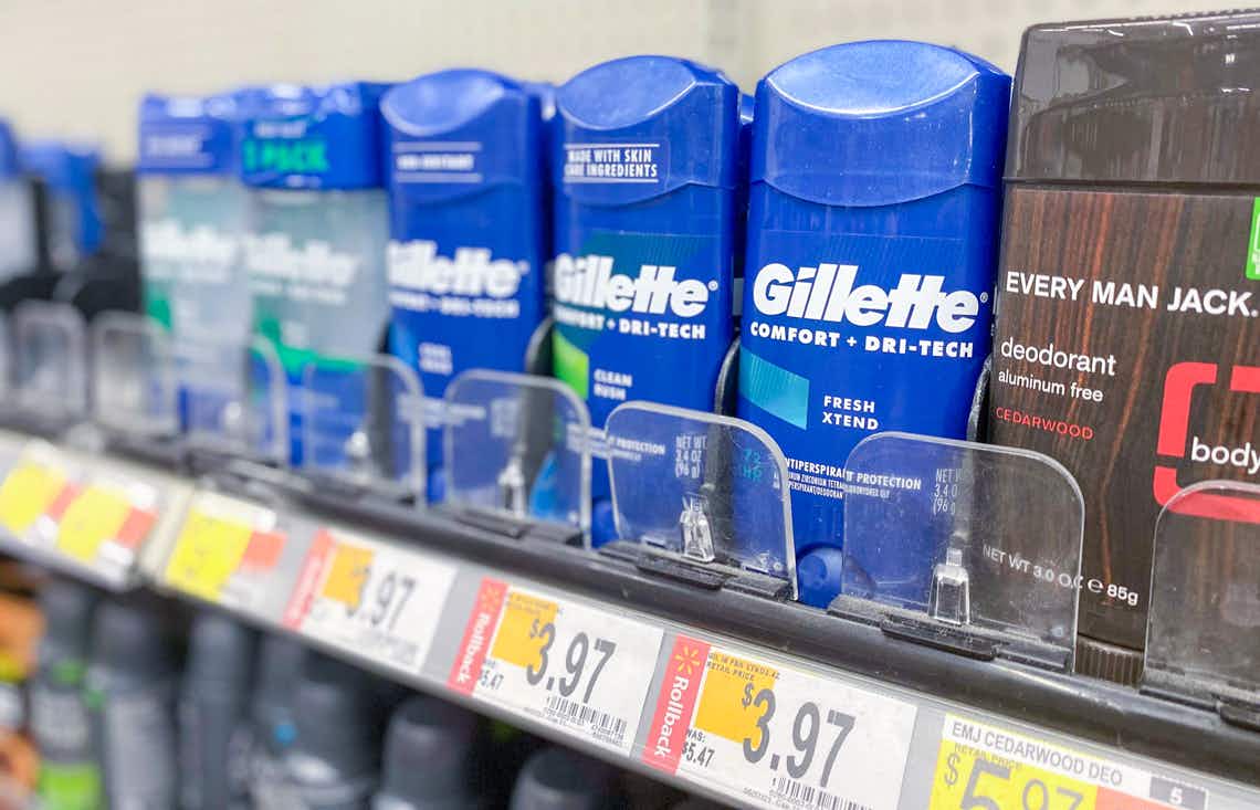 gillette invisible solid deodorant sticks on a walmart shelf with rollback price tags