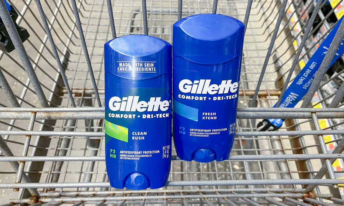 two sticks of gillette invisible solid deodorant in a walmart cart